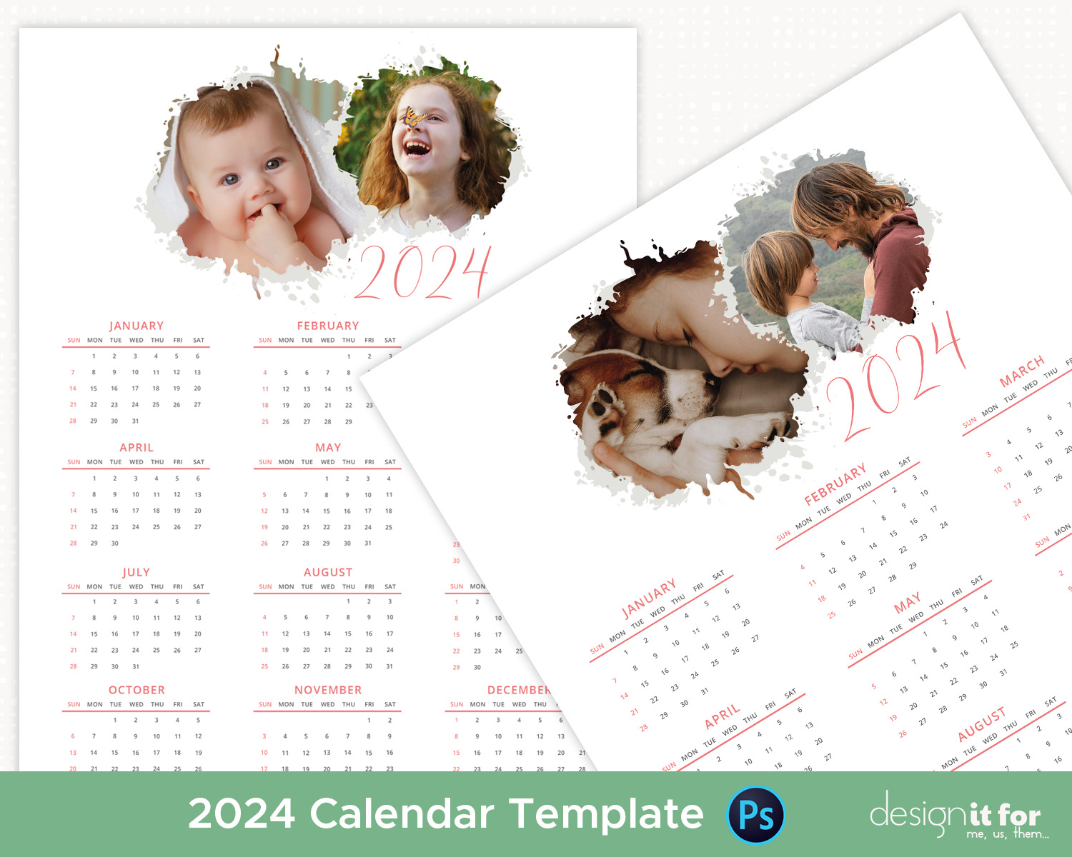 2024 Calendar Template, Printable Photo Calendar, Year Calendar, Wall