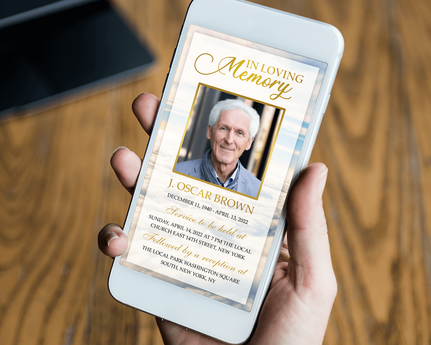 Funeral Evite, Cloudy Gold Funeral Announcement Digital Invites Electronic, Funeral Card, Funeral Memorial Template, Funeral Invitation 5