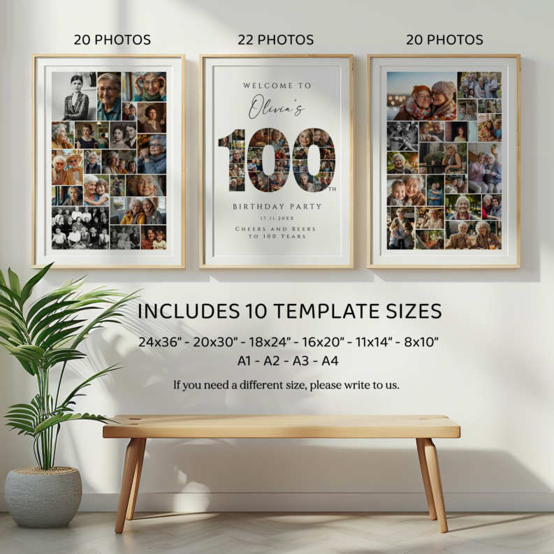 100th Birthday Collage Poster Bundle, 100th Birthday Photo Template Set, 100th Birthday Welcome Board, Personalized 100th Birthday Gift 2