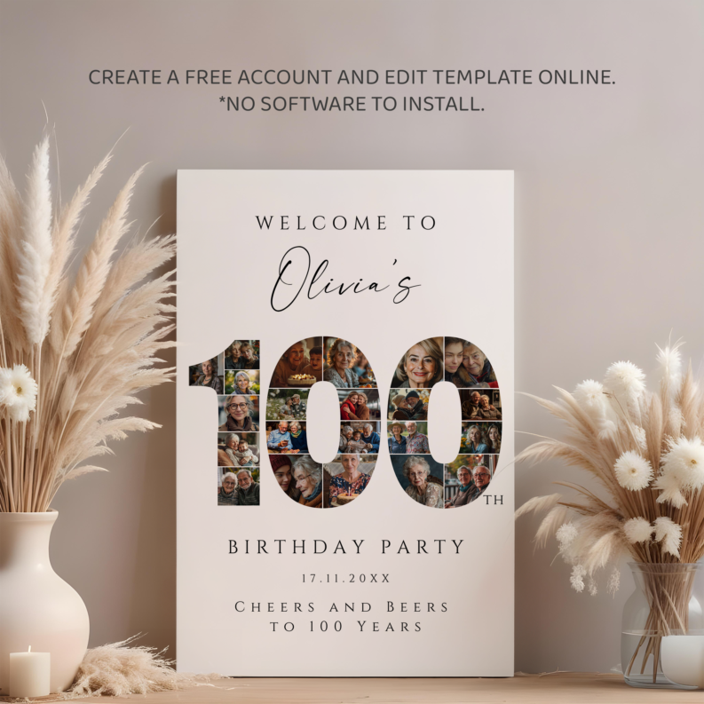 100th Birthday Collage Poster Bundle, 100th Birthday Photo Template Set, 100th Birthday Welcome Board, Personalized 100th Birthday Gift 4