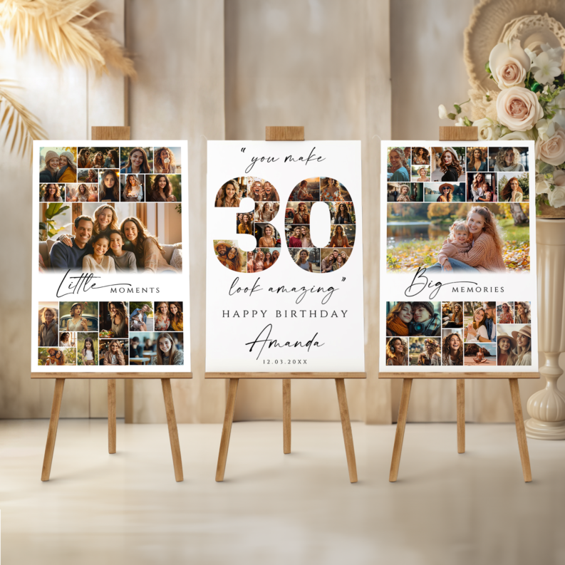 30th Birthday Photo Collage Poster Template Bundle, Customizable 30th Birthday Welcome Board Set, Printable Birthday Collage 1