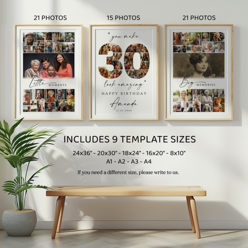 30th Birthday Photo Collage Poster Template Bundle, Customizable 30th Birthday Welcome Board Set, Printable Birthday Collage 2