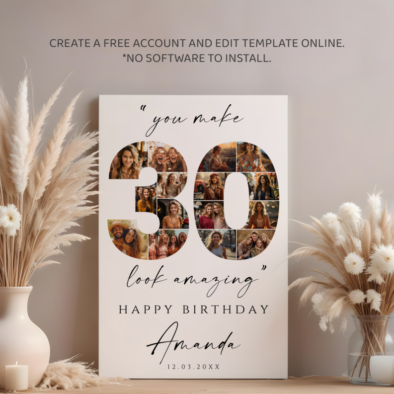 30th Birthday Photo Collage Poster Template Bundle, Customizable 30th Birthday Welcome Board Set, Printable Birthday Collage 4