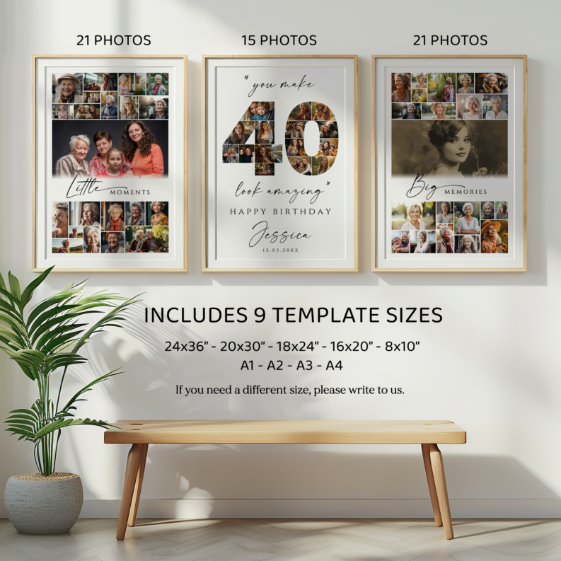 40th Birthday Photo Collage Poster Template Bundle, Customizable 40th Birthday Welcome Board, Printable Birthday Collage 2