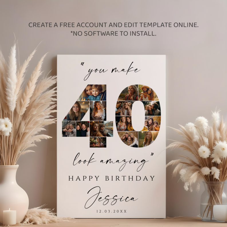 40th Birthday Photo Collage Poster Template Bundle, Customizable 40th Birthday Welcome Board, Printable Birthday Collage 4