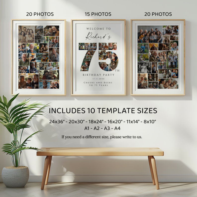 75th Birthday Collage Poster Bundle, 75th Birthday Photo Template Set, 75th Birthday Welcome Board, Personalized 75th Birthday Gift 2