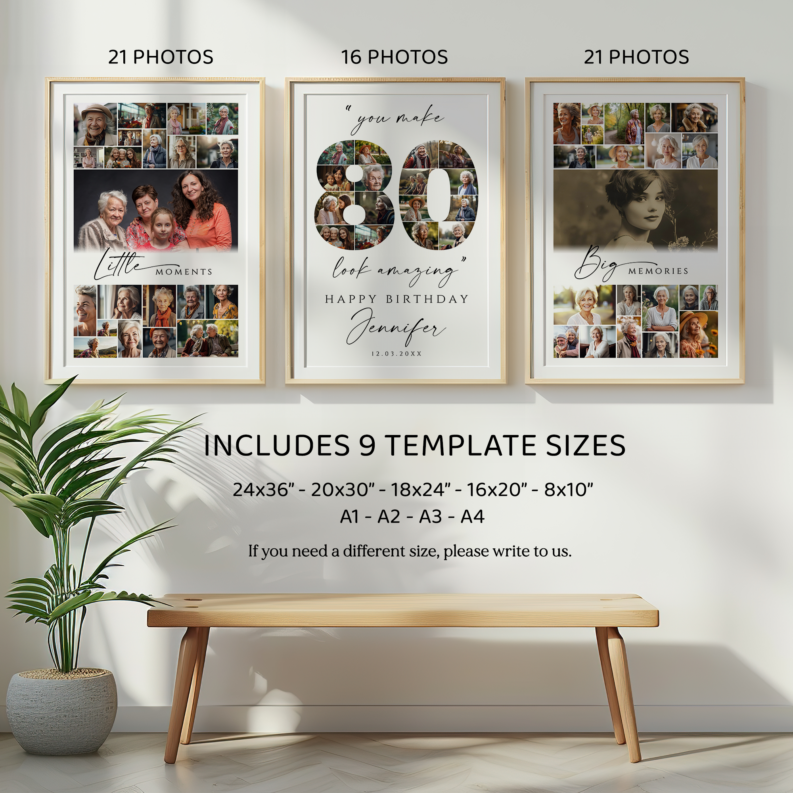 80th Birthday Photo Collage Template Set, 80th Birthday Welcome Board, 80th Birthday Poster Gift for Her or Him 2