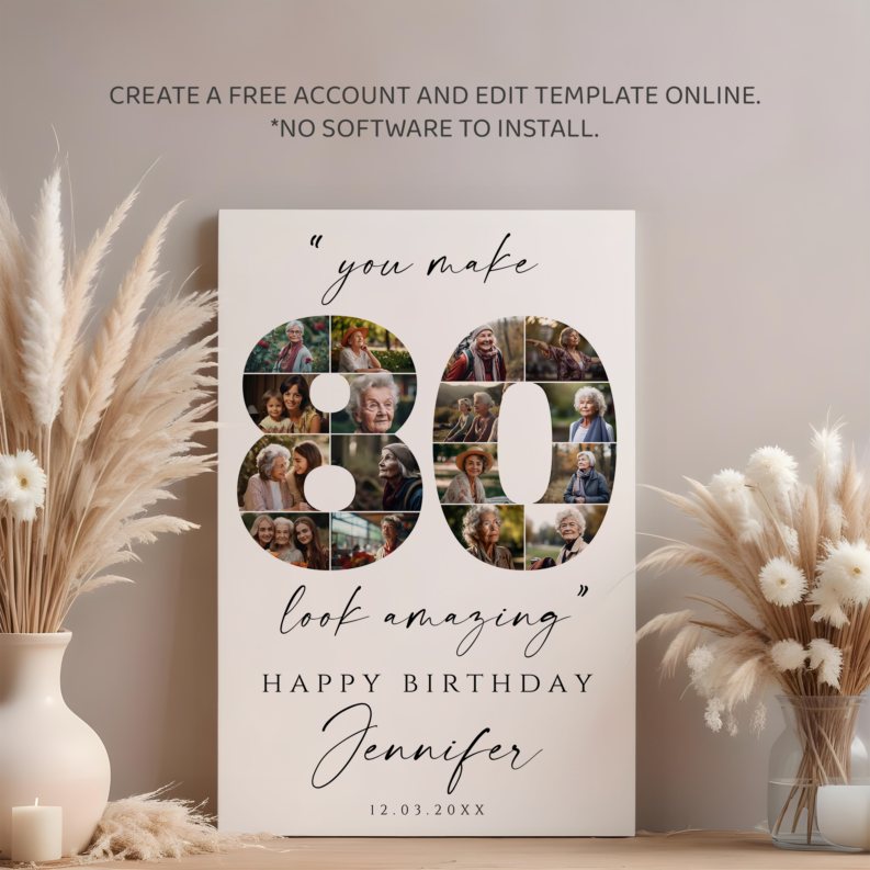 80th Birthday Photo Collage Template Set, 80th Birthday Welcome Board, 80th Birthday Poster Gift for Her or Him 4