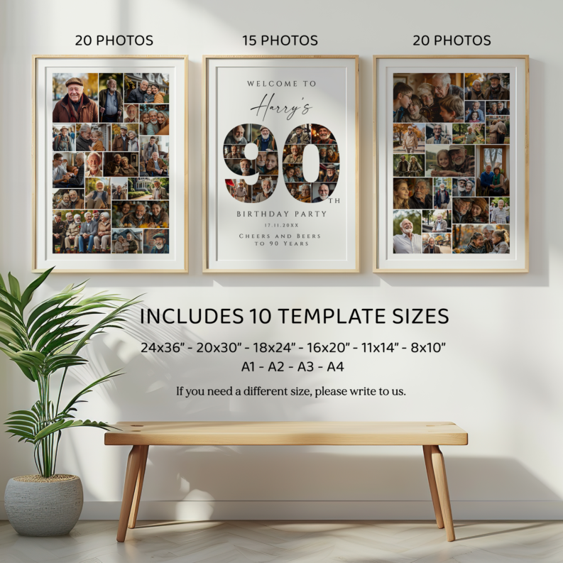 90th Birthday Gift for Her or Him, 90th Birthday Photo Collage Template Set, 90th Birthday Welcome Board, Personalized 90th Birthday Poster 2