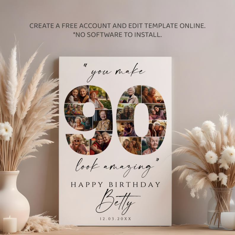 90th Birthday Photo Collage Template Bundle, 90th Birthday Welcome Board, Personalized 90th Birthday Poster 4