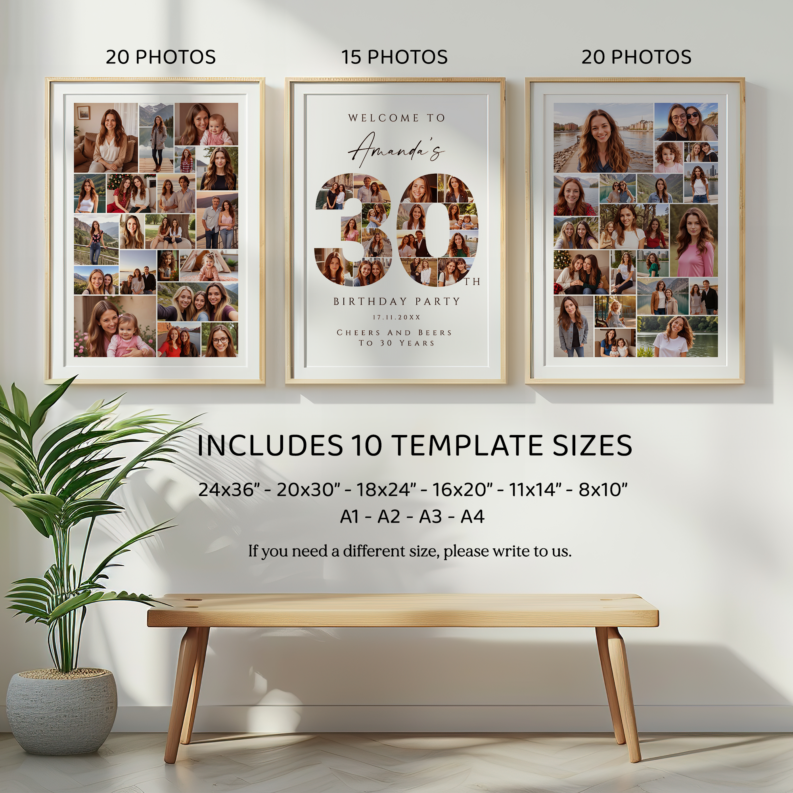 30th Birthday Gift for Her or Him, 30th Birthday Photo Collage Template Set, 30th Birthday Welcome Board, Personalized 30th Birthday Poster 1