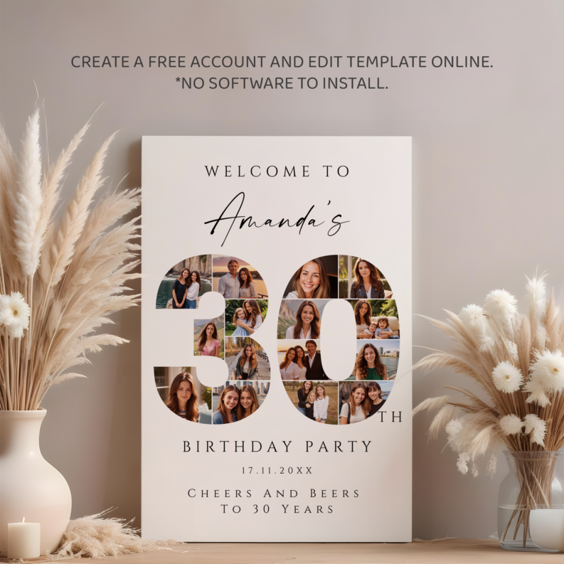 30th Birthday Gift for Her or Him, 30th Birthday Photo Collage Template Set, 30th Birthday Welcome Board, Personalized 30th Birthday Poster 3