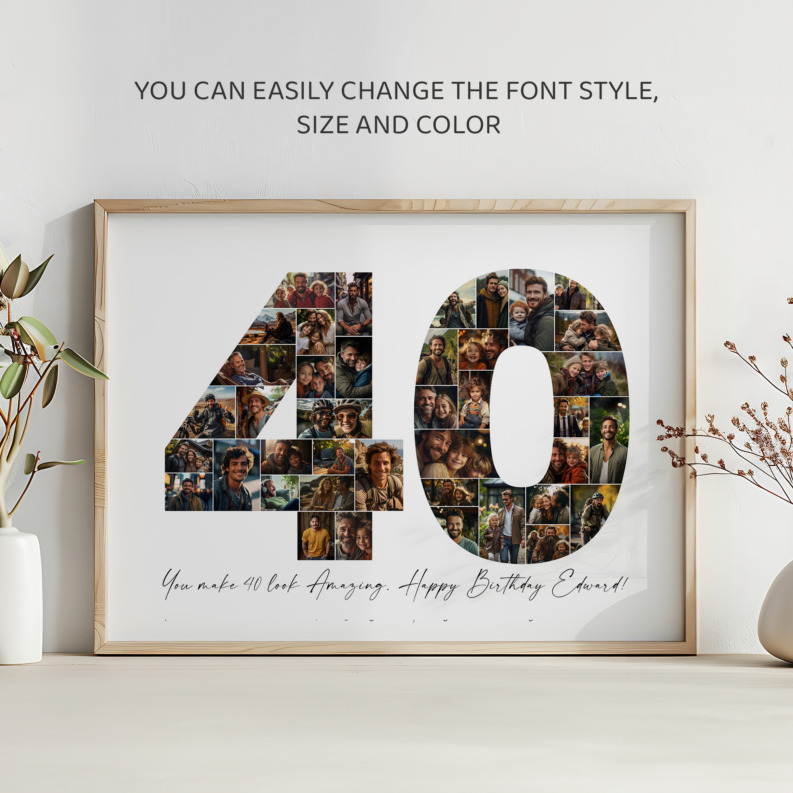 40th Birthday Photo Collage Template, Printable Number 40 Collage, Personalized 40th Birthday Gift for Her, Him 4