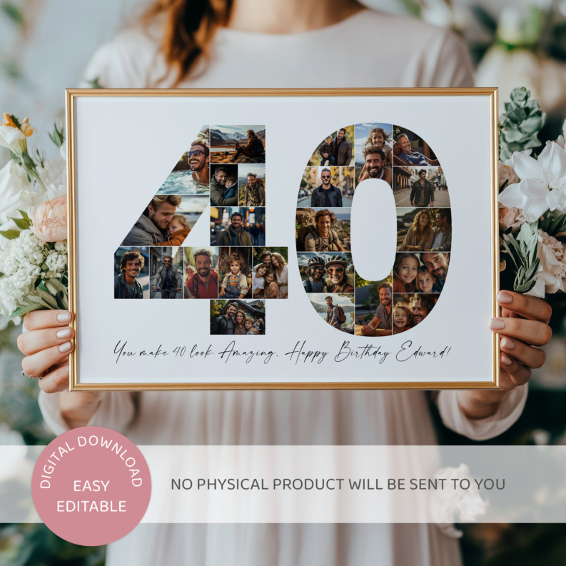 40th Birthday Photo Collage Template, Printable Number 40 Collage, Personalized 40th Birthday Gift for Her, Him 2