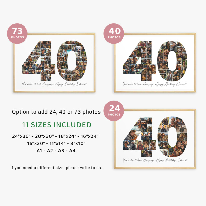 40th Birthday Photo Collage Template, Printable Number 40 Collage, Personalized 40th Birthday Gift for Her, Him 3