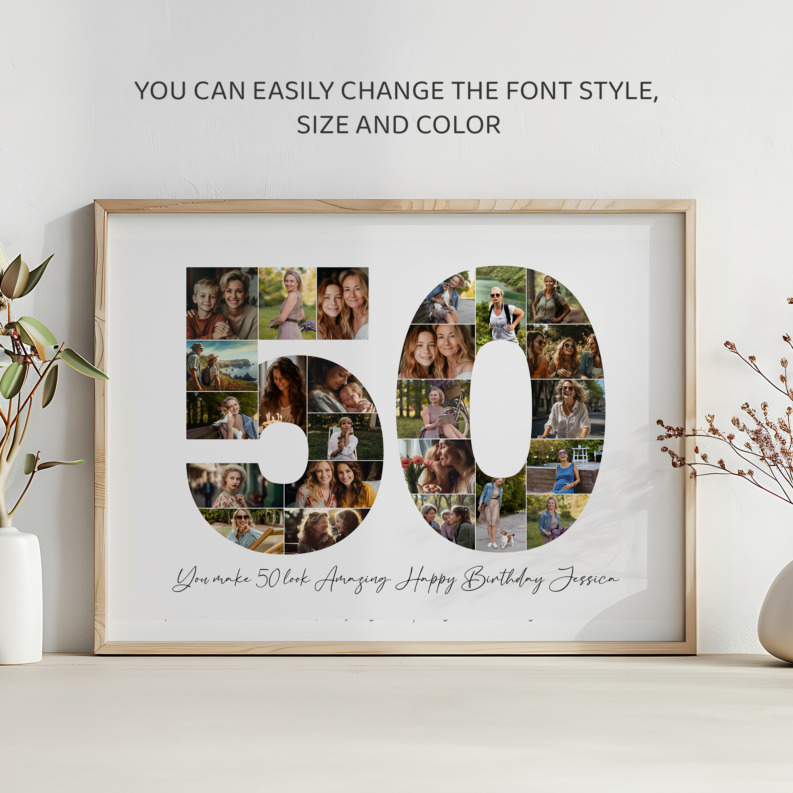 50th Birthday Photo Collage Template, Printable Number 50 Collage, Personalized 50th Birthday Gift for Her, Him 4