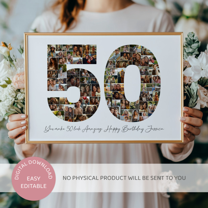 50th Birthday Photo Collage Template, Printable Number 50 Collage, Personalized 50th Birthday Gift for Her, Him 2