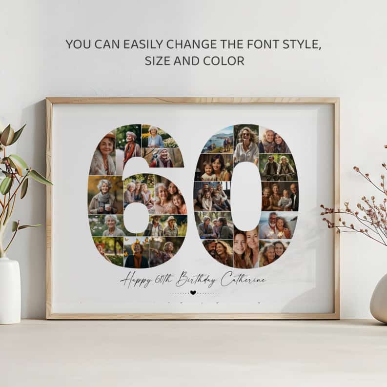 60th Birthday Photo Collage Template, Printable Number 60 Collage, Personalized 60th Birthday Gift for Her, Him 4