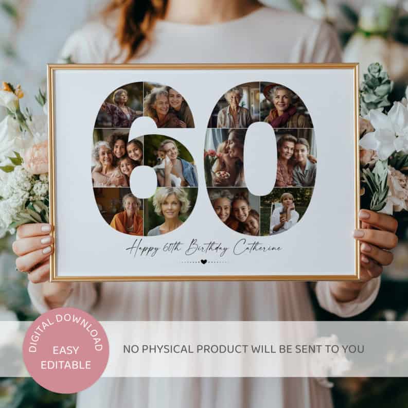 60th Birthday Photo Collage Template, Printable Number 60 Collage, Personalized 60th Birthday Gift for Her, Him 2