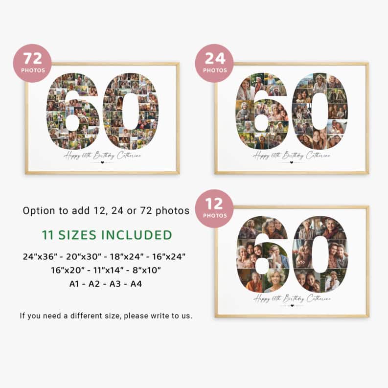 60th Birthday Photo Collage Template, Printable Number 60 Collage, Personalized 60th Birthday Gift for Her, Him 3