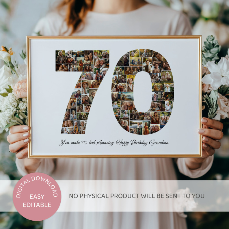 70th Birthday Photo Collage Template, Printable Number 70 Collage, Personalized 70th Birthday Gift for Her, Him 2