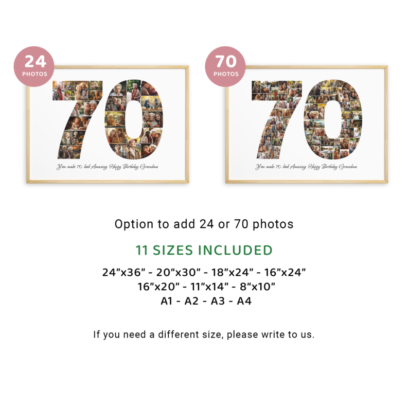 70th Birthday Photo Collage Template, Printable Number 70 Collage, Personalized 70th Birthday Gift for Her, Him 3