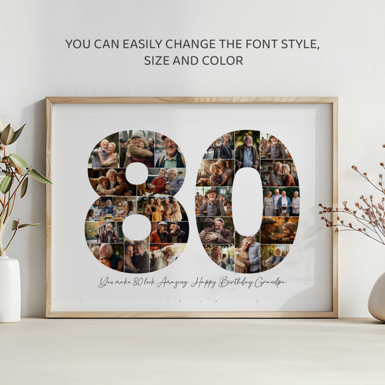 80th Birthday Photo Collage Template, Printable Number 80 Collage, Personalized 80th Birthday Gift for Her, Him 4