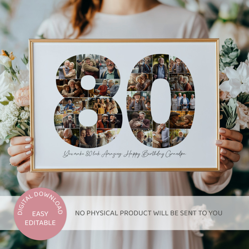 80th Birthday Photo Collage Template, Printable Number 80 Collage, Personalized 80th Birthday Gift for Her, Him 2