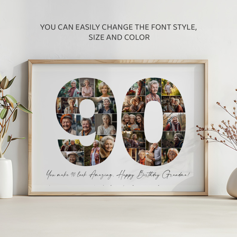 90th Birthday Photo Collage Template, Printable Number 90 Collage, Personalized 90th Birthday Gift for Her, Him 5