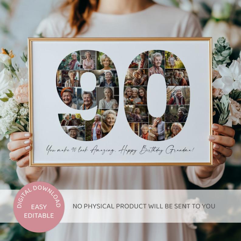 90th Birthday Photo Collage Template, Printable Number 90 Collage, Personalized 90th Birthday Gift for Her, Him 2