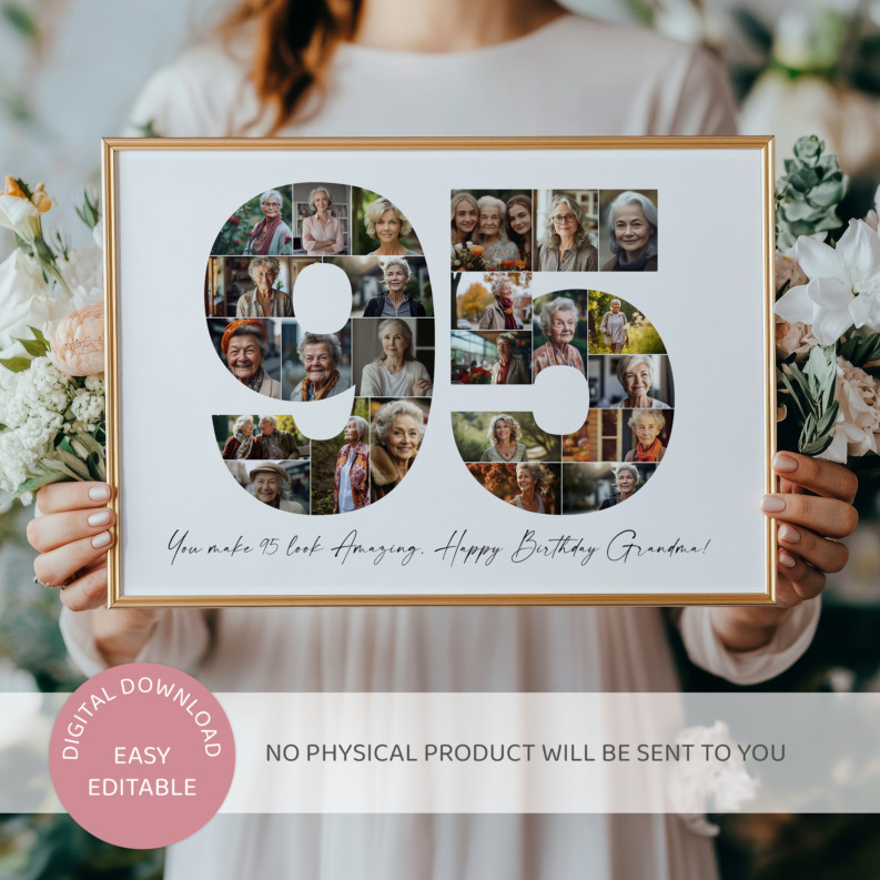 95th Birthday Photo Collage Template, Printable Number 95 Collage, Personalized 95th Birthday Gift for Her, Him 2