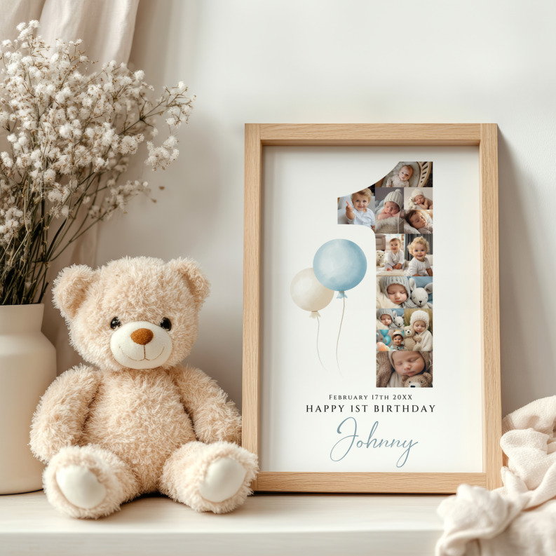 Number 1 Collage for First Birthday With Balloons, 1st Birthday Poster, Photo Collage for 1st Birthday Celebration, Number One Collage for Baby Boy 1