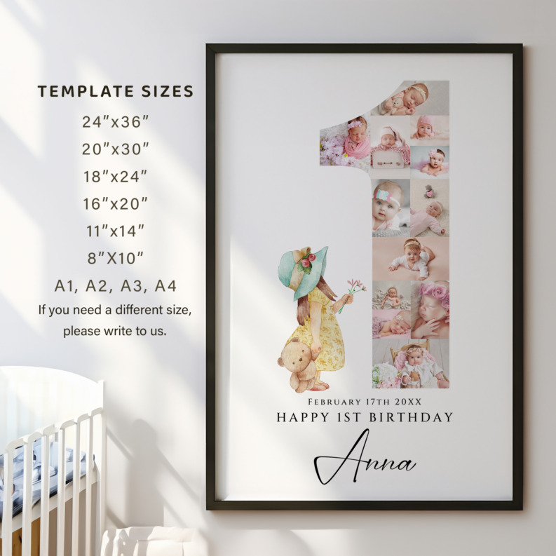 Number 1 Collage for First Birthday With Cute Girl, 1st Birthday Poster, Sweet Photo Collage for 1st Birthday Celebration, Number One Collage for Baby Girl 3