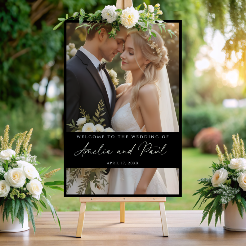 Black Wedding Welcome Sign Template, Modern Welcome Sign Board, Wedding Photo Collage, Printable Wedding Reception Poster 1