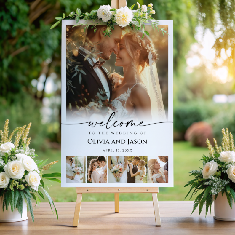 Elegant Wedding Welcome Sign Template, Modern Welcome Sign Board, Wedding Photo Collage, Printable Wedding Reception Poster 1