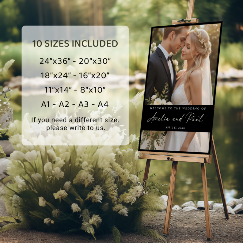 Black Wedding Welcome Sign Template, Modern Welcome Sign Board, Wedding Photo Collage, Printable Wedding Reception Poster 2