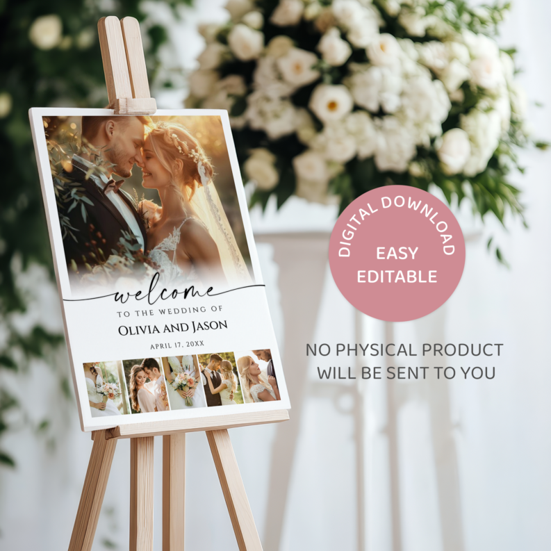 Elegant Wedding Welcome Sign Template, Modern Welcome Sign Board, Wedding Photo Collage, Printable Wedding Reception Poster 3