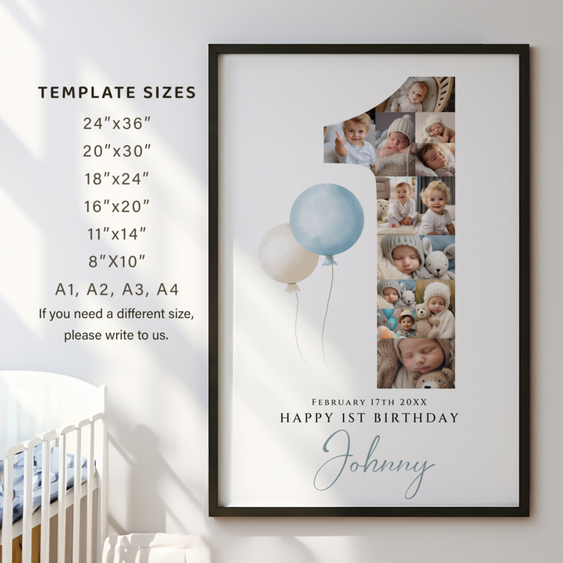 Number 1 Collage for First Birthday With Balloons, 1st Birthday Poster, Photo Collage for 1st Birthday Celebration, Number One Collage for Baby Boy 3