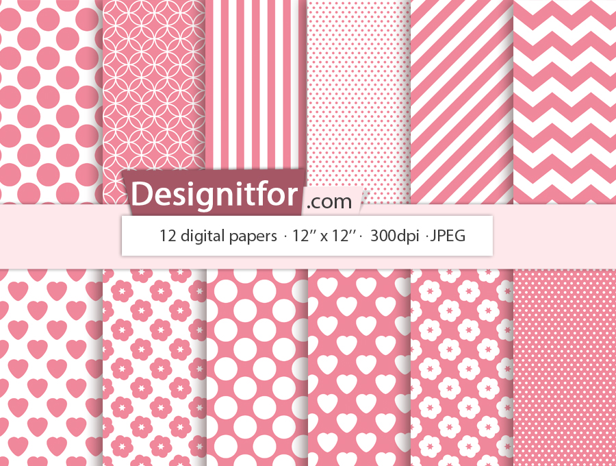 Basic Pink Digital Paper Pack, instant download, chevron, stripes, dots, quatrefoil 1