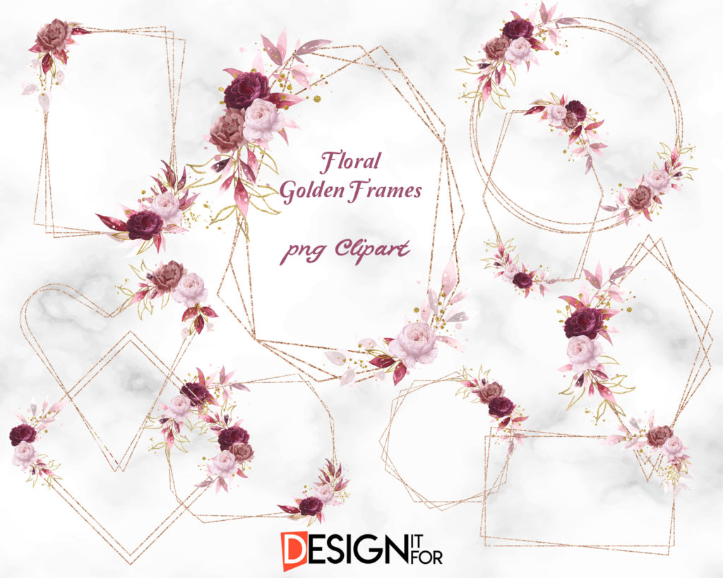 Floral Gold frame clipart, Rose Gold Frame clip art, Gold Polygonal