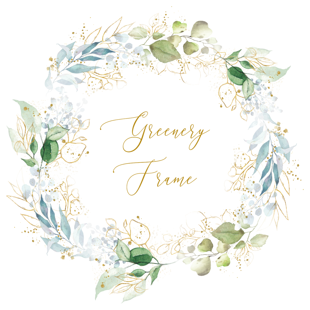 Greenery Floral Gold Frame Clipart, Art, Png, Greenery Minimalist Wedding Wreath Watercolor Clipart, Leaf Frame, Greens Foliage Circle Frame 3