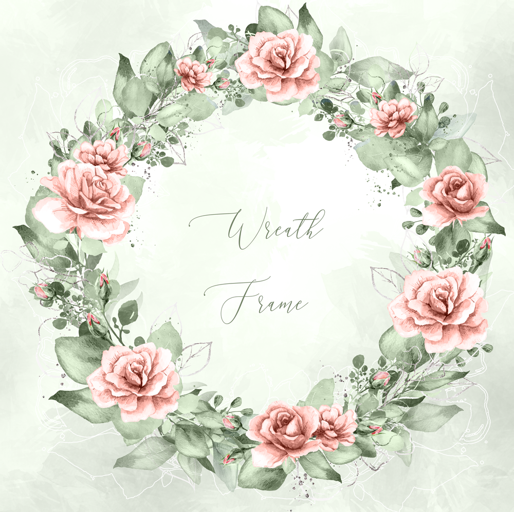 Watercolor Pink Rose Greenery Wreath SVG PNG Frame Clipart, Floral Wreath Svg Circle Clip art, Flower Leaf Logo, Wedding Foliage Leaves 1