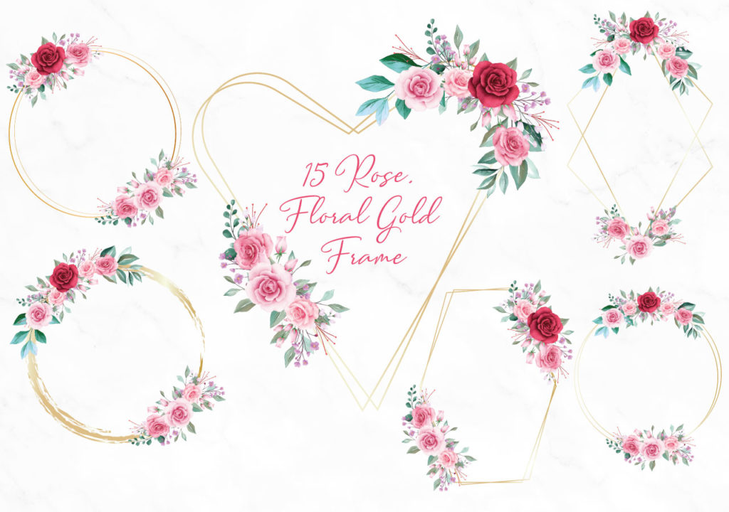 Download Rose Floral Gold Frame Clipart PNG SVG, Flower Geometric Golden Frame Clip art, Wedding Gold ...