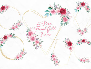 Rose Floral Gold Frame Clipart PNG SVG, Flower Geometric Golden Frame Clip art, Wedding Gold Polygonal, Greenery Foliage Scrapbook Circle 10