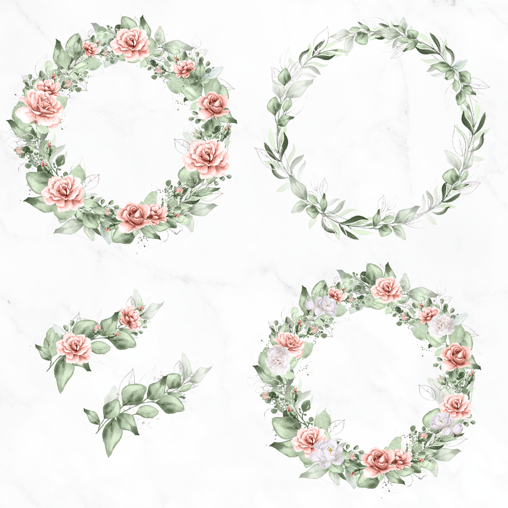 Watercolor Pink Rose Greenery Wreath SVG PNG Frame Clipart, Floral Wreath Svg Circle Clip art, Flower Leaf Logo, Wedding Foliage Leaves 6