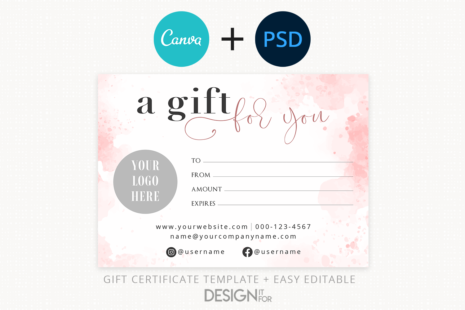 Pink Gift Certificate Template, Editable Gift Certificate Template, Canva, PSD, Printable , Social Icons Digital Gift Certificate, 5x7 Gift 1