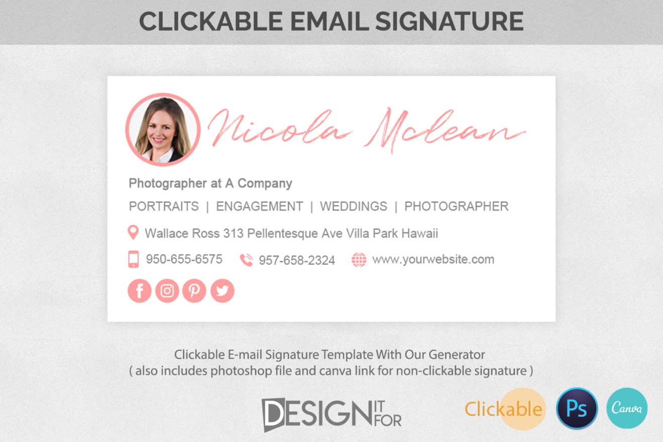Email Signature Template Clickable, Gmail Outlook Hotmail Photographer Editable E-Mail Signature, HTML Premade, Photoshop Business Signature 1