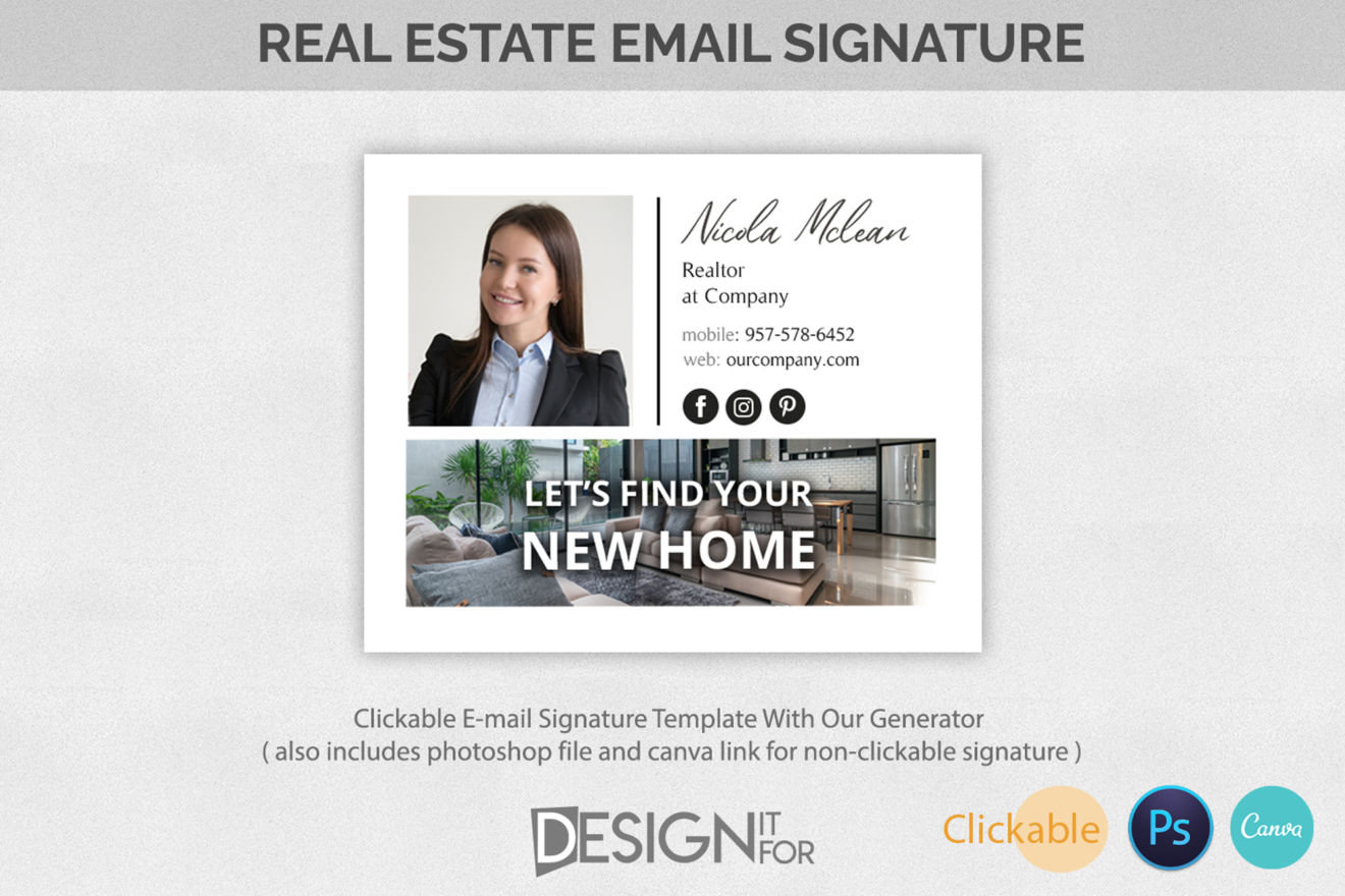 Clickable Real Estate Email Signature with Banner and Logo, Realtor Email Signature Template Canva Photoshop PSD file, Html Clickable 1